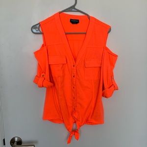 Bebe neon orange cold shoulder button down top